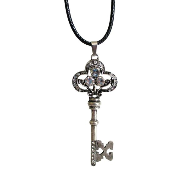 New Rhinestone Key Pendant Necklace on 20" to 22" Black Cord Vintage-Style Jewel - Picture 1 of 6